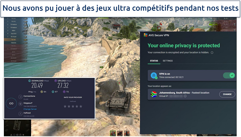 Screenshot of World of Tanks being playing while connected to AVG Secure VPN's South Africa server