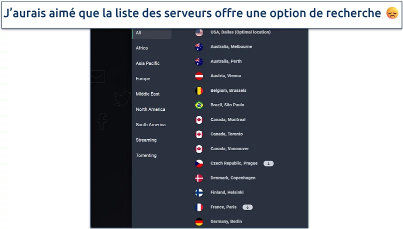 Screenshot of AVG Secure VPN's server list in the Windows application