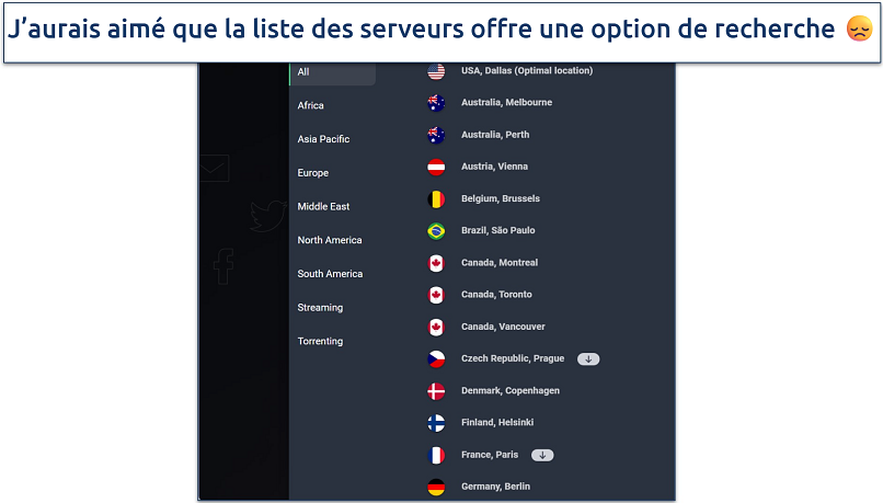 Screenshot of AVG Secure VPN's server list in the Windows application