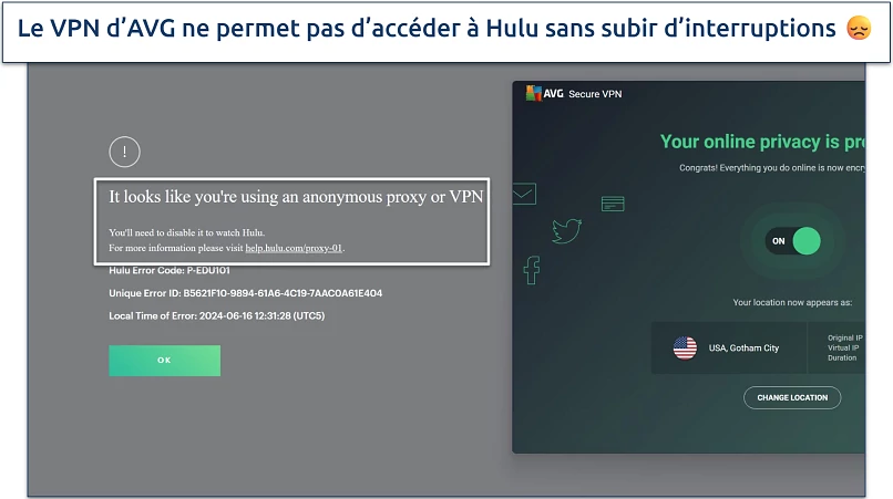 Screenshot of Hulu player displaying an error message while connected to AVG Secure VPN's Gotham City server