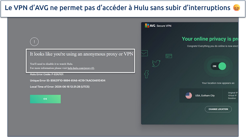 Screenshot of Hulu player displaying an error message while connected to AVG Secure VPN's Gotham City server