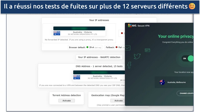 Screenshot of AVG Secure VPN concealing our location during a leak test on ipleak.net while connected to its Melbourne server 