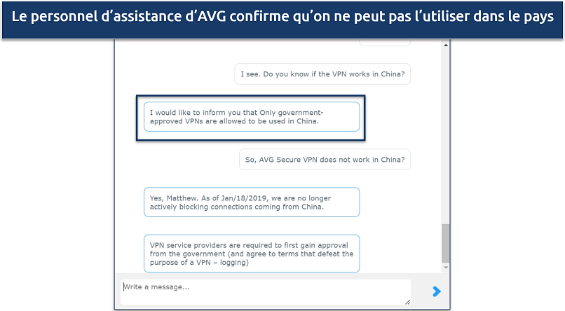 Screenshot of a conversation with AVG's support staff through its 24/7 live chat where they claim it can't be used in China 