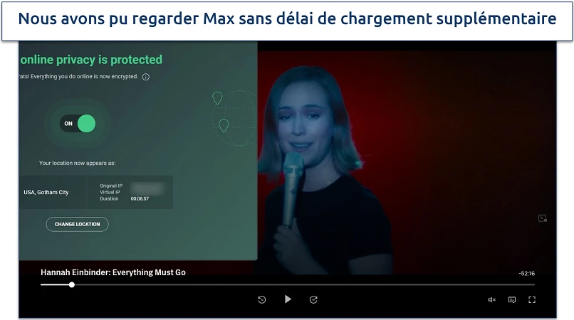 Screenshot of Max player streaming Hannah Einbinder: Everything Must Go while connected to AVG Secure VPN's Gotham City server 