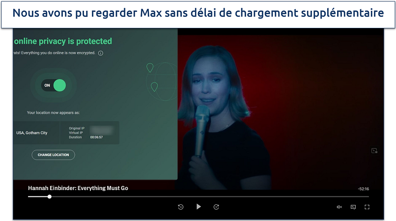 Screenshot of Max player streaming Hannah Einbinder: Everything Must Go while connected to AVG Secure VPN's Gotham City server