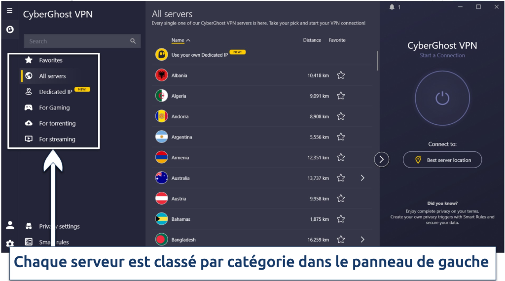 Screenshot of the streaming servers on the CyberGhost app
