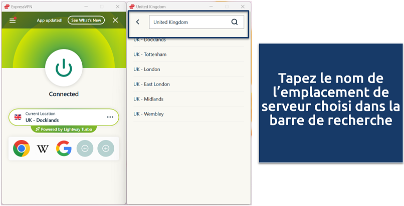 A screenshot showing how to connect to a specific server in the ExpressVPN app