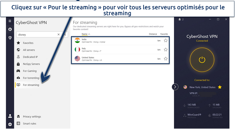 A screenshot of CyberGhost's Windows app showing its 3 Disney+ streaming-optimized servers