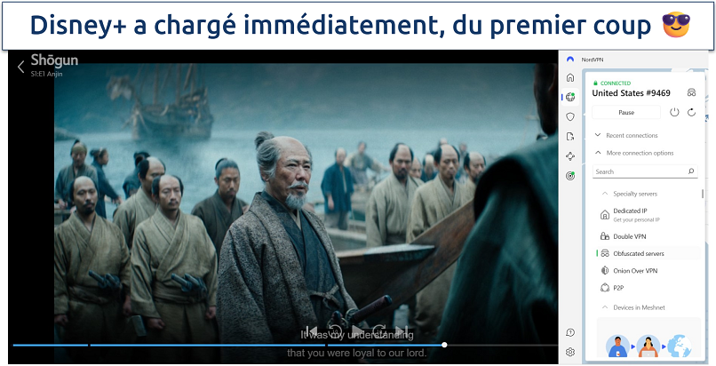 Screenshot of Shogun on Disney+, with NordVPN connected to a US server