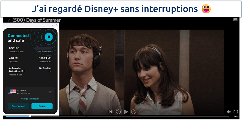 Screenshot of 500 days of summer on Disney+, with Surfshark connected to a Multihop US-Netherlands server