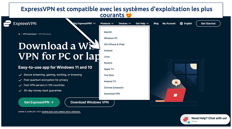Screenshot of ExpressVPN's website with supported devices highlighted
