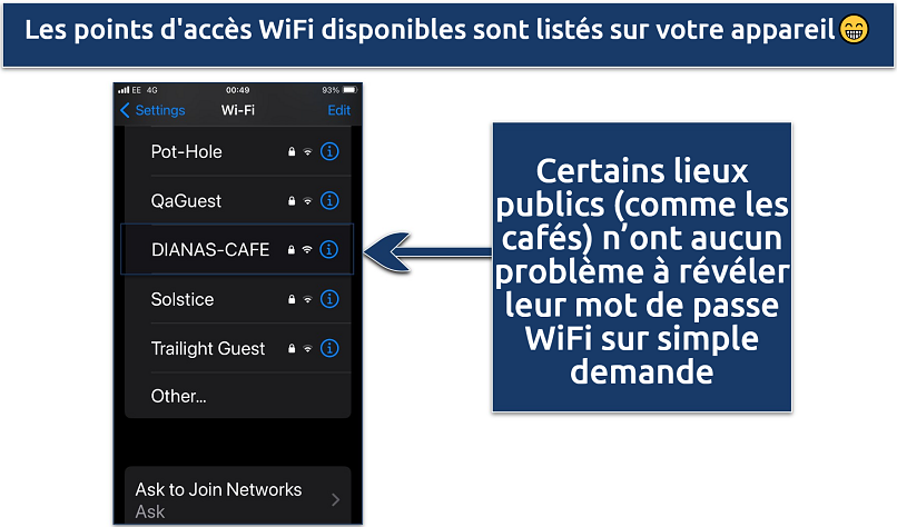 Screenshot showing the available WiFi hotspots on an iPhone