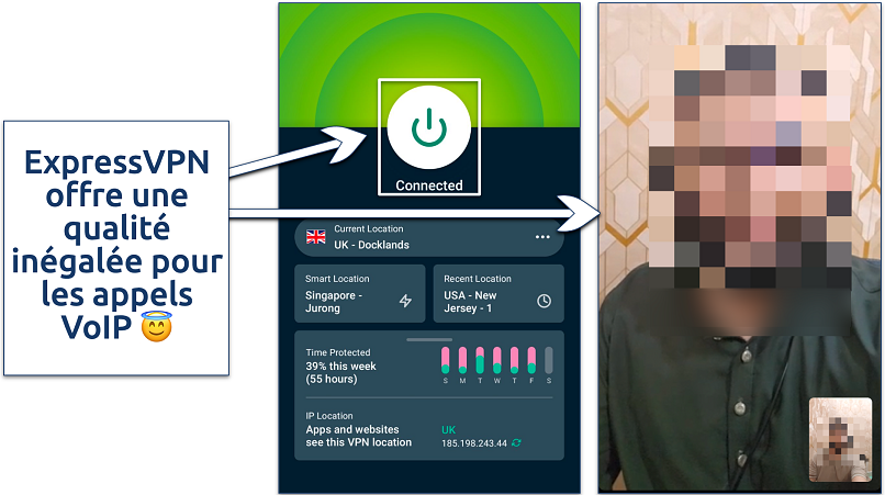 Screenshot showing a WhatsApp video call with ExpressVPN connected to the UK Docklands server