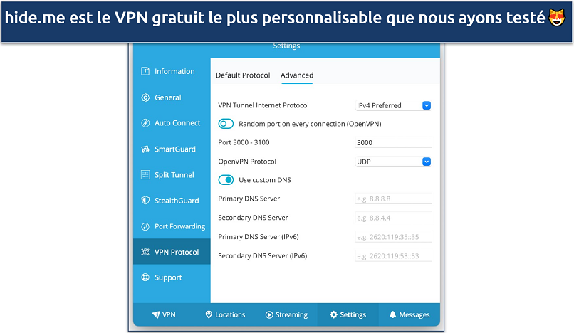 Capture d’écran montrant la sécurité personnalisable de hide.me