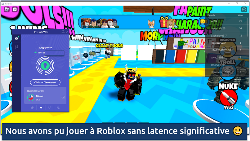 Capture d’écran d’une partie de Roblox avec Privado VPN connecté à un serveur à Miami