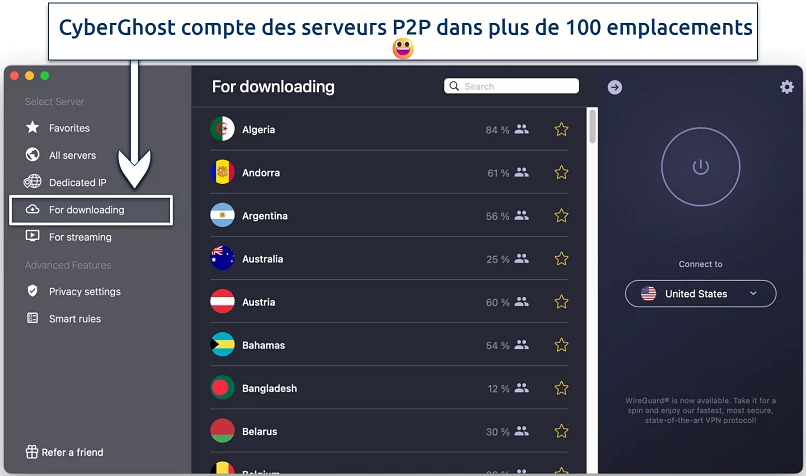 Screenshot showing CyberGhost's specialty P2P For downloading servers