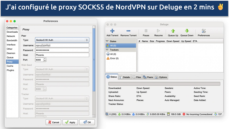 Screenshot showing how to configure NordVPN's SOCKS5 proxy to Deluge