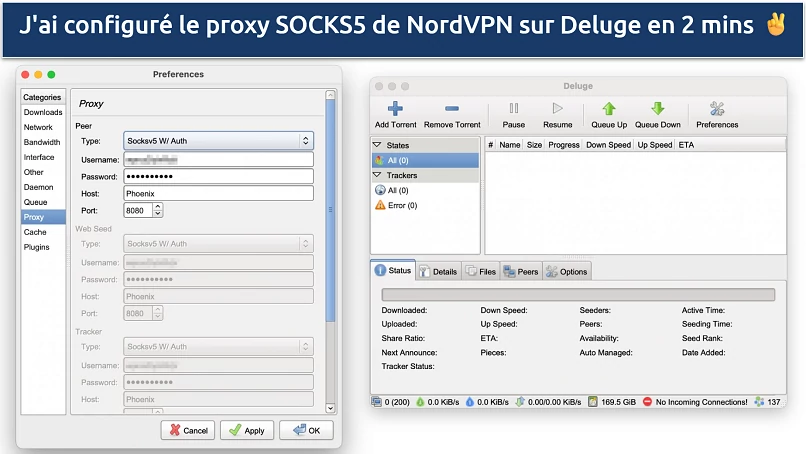 Screenshot showing how to configure NordVPN's SOCKS5 proxy to Deluge