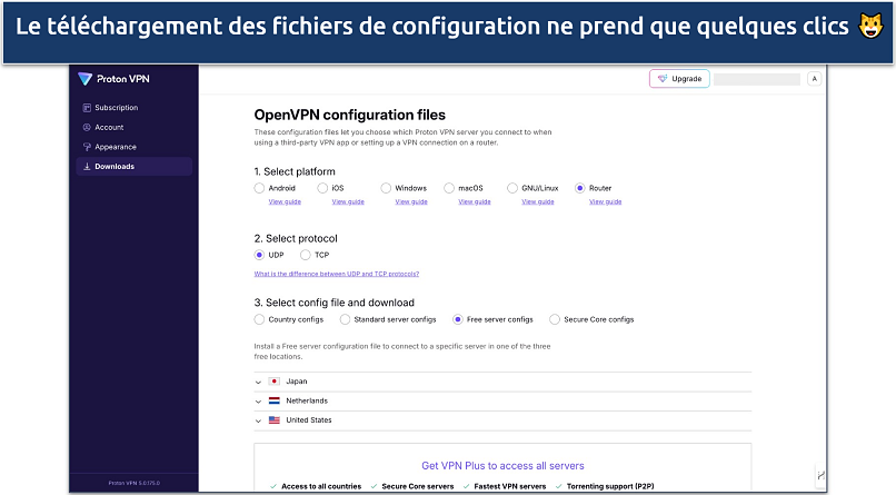 Capture d’écran de la page de téléchargement des fichiers de configuration OpenVPN de Proton VPN