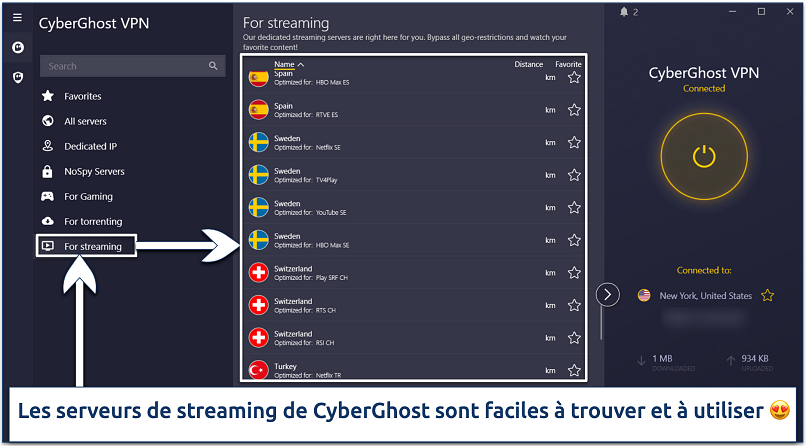 Screenshot of the CyberGhost app interface showing streaming servers