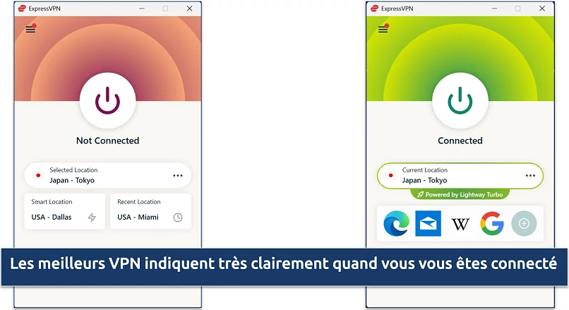 Capture d’écran de l’application Windows d’ExpressVPN montrant le VPN déconnecté et connecté au serveur de Tokyo au Japon 