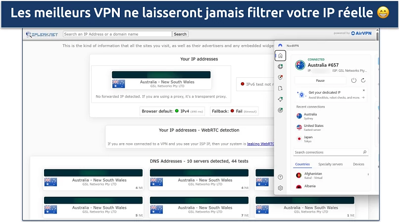 Capture d’écran de l’application Windows de NordVPN connectée au serveur Australie Sydney pendant que les tests de fuite sont effectués sur ipleak.net
