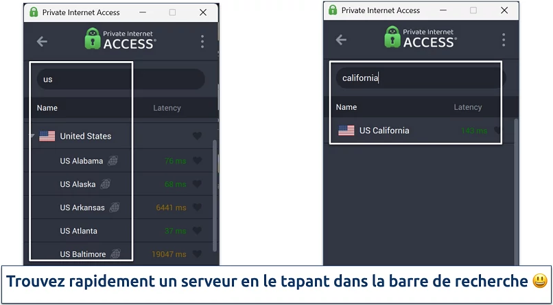 Capture d’écran de l’application Windows de Private Internet Access montrant comment utiliser la barre de recherche de serveurs