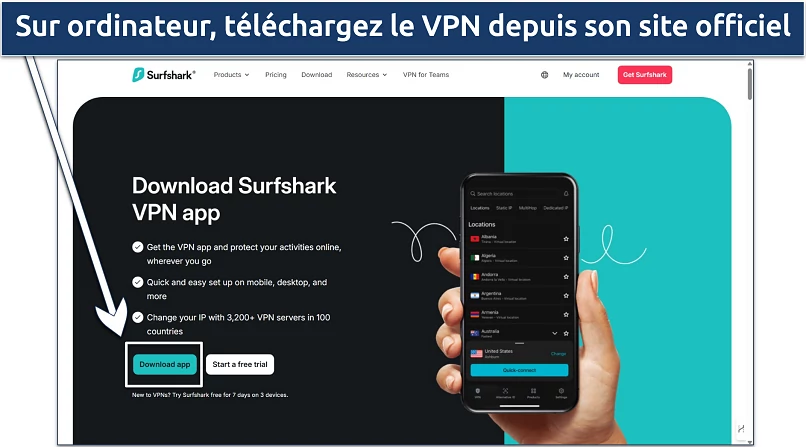 Capture d’écran de la page de téléchargement du site officiel de Surfshark 