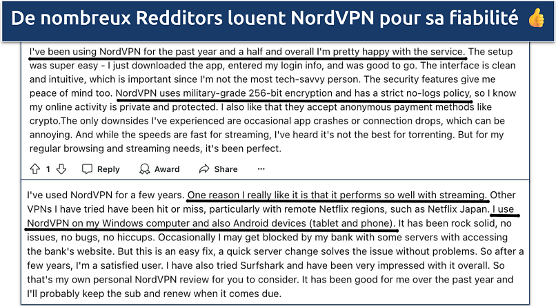 Capture d’écran de la critique de NordVPN par les Redditors