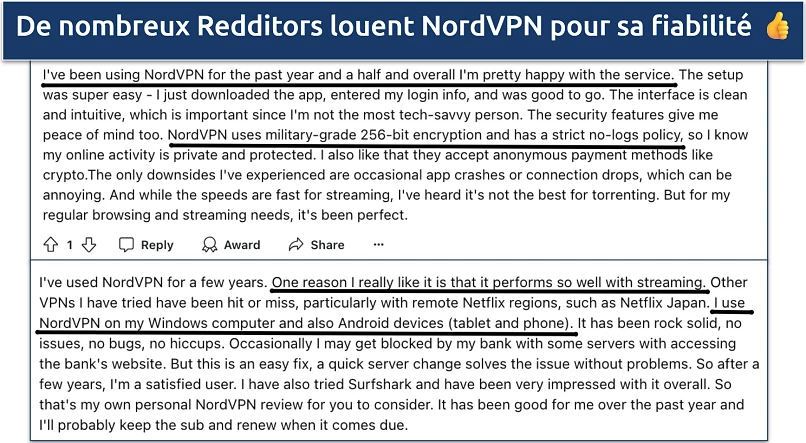 Capture d’écran de la critique de NordVPN par les Redditors