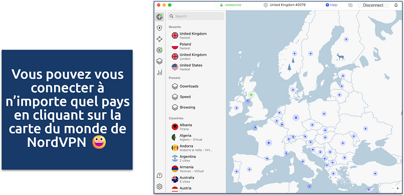 Capture d’écran de l’interface de la carte du monde de NordVPN