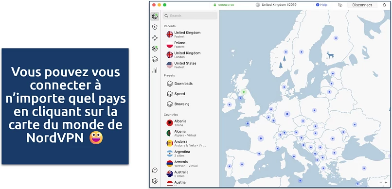 Capture d’écran de l’interface de la carte du monde de NordVPN
