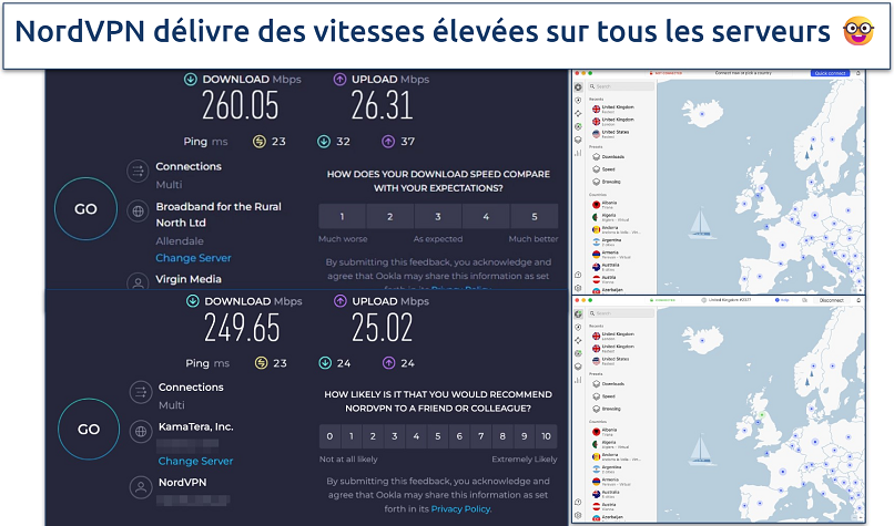 Capture d’écran des résultats du test de vitesse de NordVPN