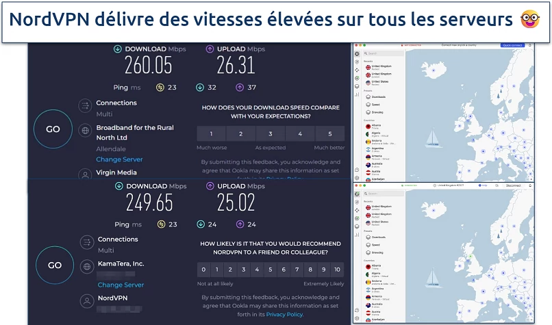 Capture d’écran des résultats du test de vitesse de NordVPN
