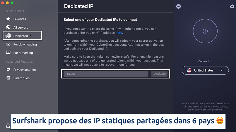 Capture d’écran montrant l’onglet IP statique partagée sur l’application Surfshark