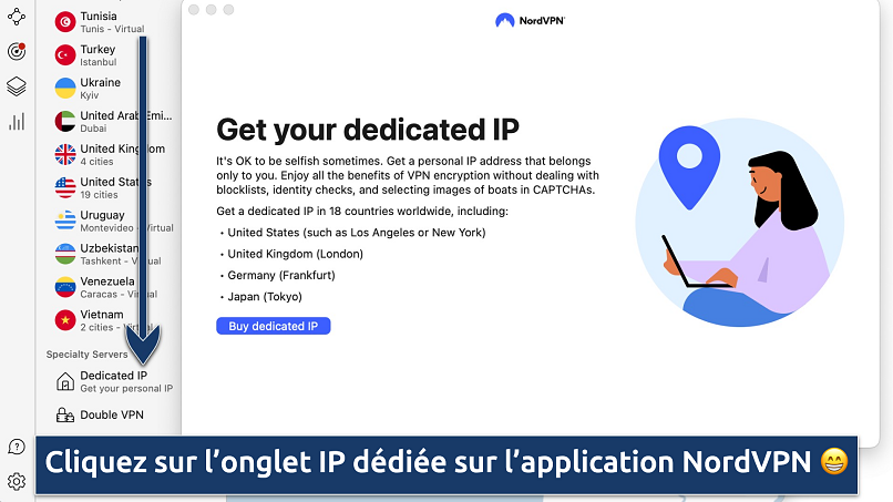 Capture d’écran montrant l’onglet IP dédiée sur l’application NordVPN