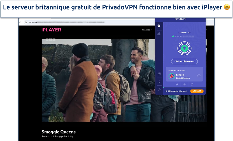 Screenshot of the BBC iPlayer streaming with the PrivadoVPN connected to the UK server