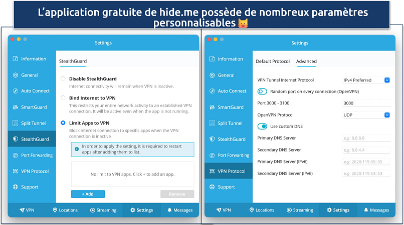 Screenshot of hide.me free VPN app’s setting showing customizable settings