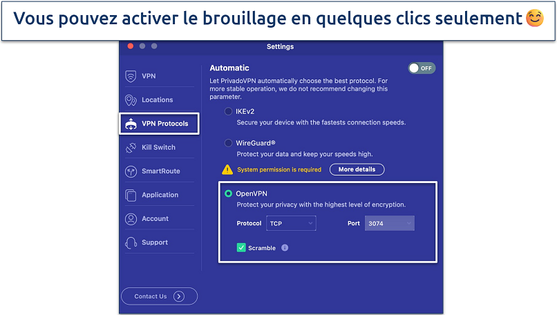 Screenshot showing how to enable PrivadoVPN’s Scramble feature