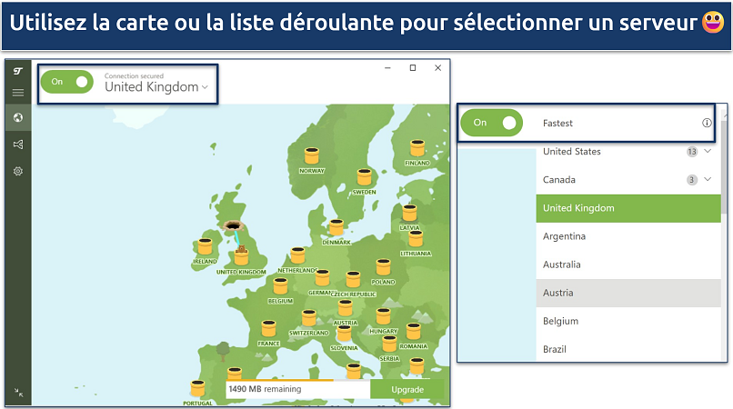 Screenshot of TunnelBear’s free Windows VPN app showing server map and drop-down list