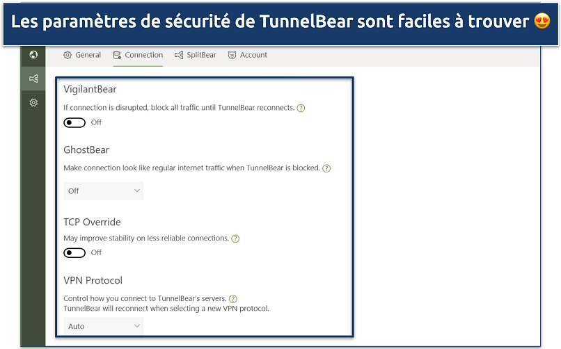 Image showing the connection settings of TunnelBear