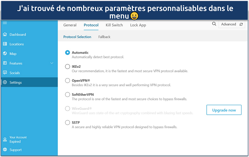 Screenshot of the Hide.me Windows app settings menu with the Protocol selection pane