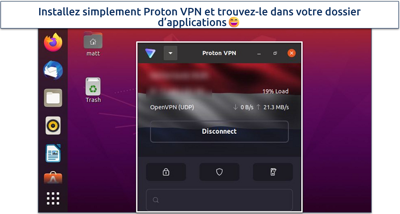 Screenshot of ProtonVPN on a Linux device while connected to OpenVPN UDP
