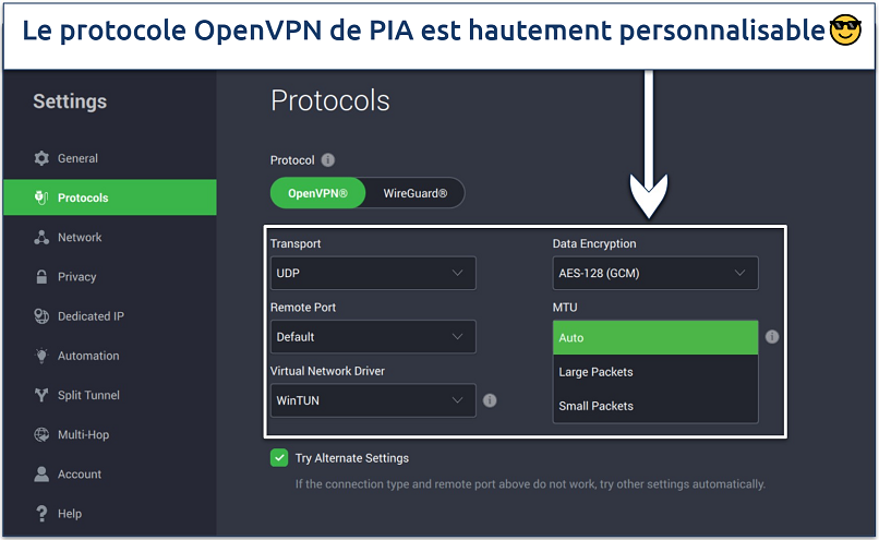 Capture d’écran de la page des paramètres du protocole de PIA avec ses options de personnalisation OpenVPN