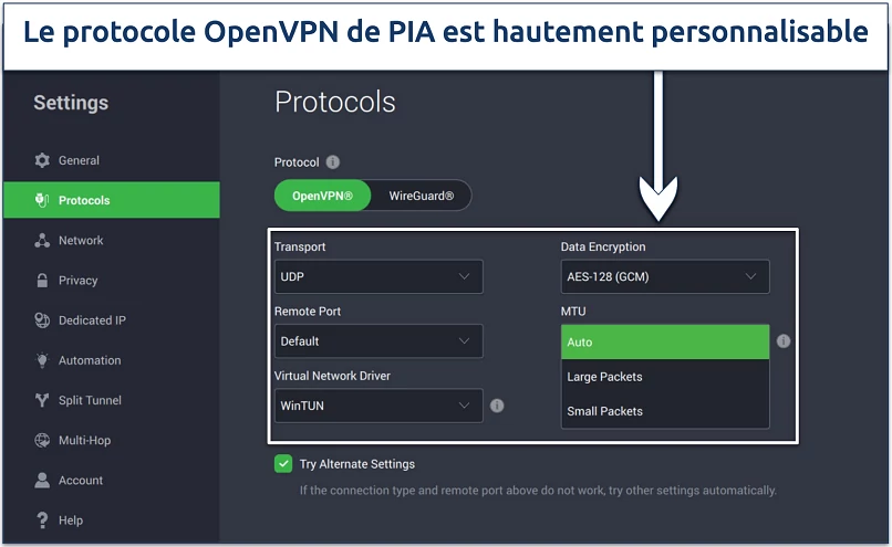 Capture d'écran de la page des paramètres de protocole de PIA avec ses options de personnalisation OpenVPN