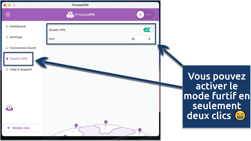 Capture d’écran de l’application macOS de PrivateVPN avec les paramètres VPN furtifs activés