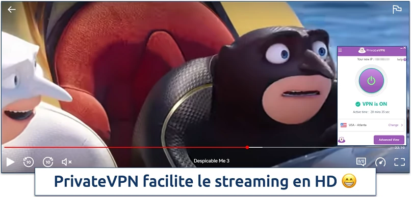 Capture d'écran du streaming de Moi, moche et méchant 3 avec Private VPN connecté