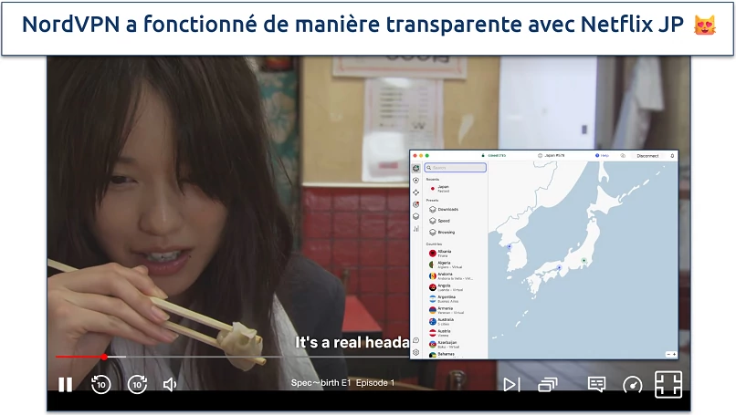 Capture d’écran de Netflix JP en streaming avec NordVPN connecté 