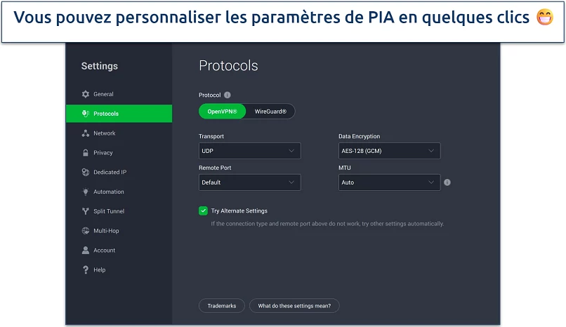 Capture d’écran des fonctionnalités de sécurité de PIA