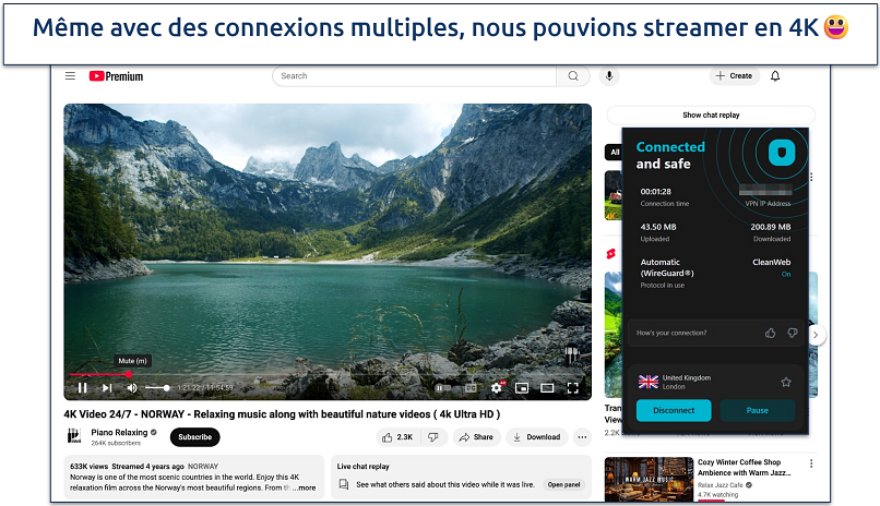 Capture d’écran du streaming YouTube 4K avec Surfshark connecté